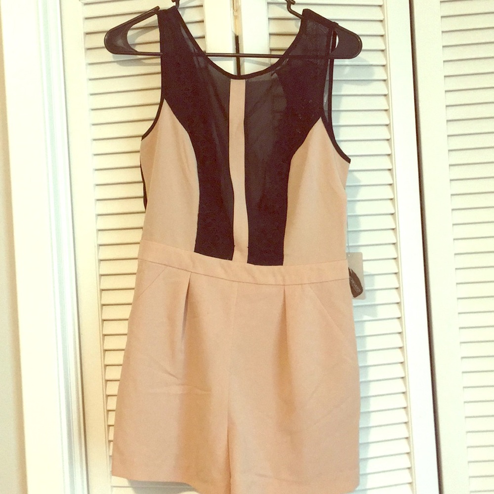Blush/black lace romper
